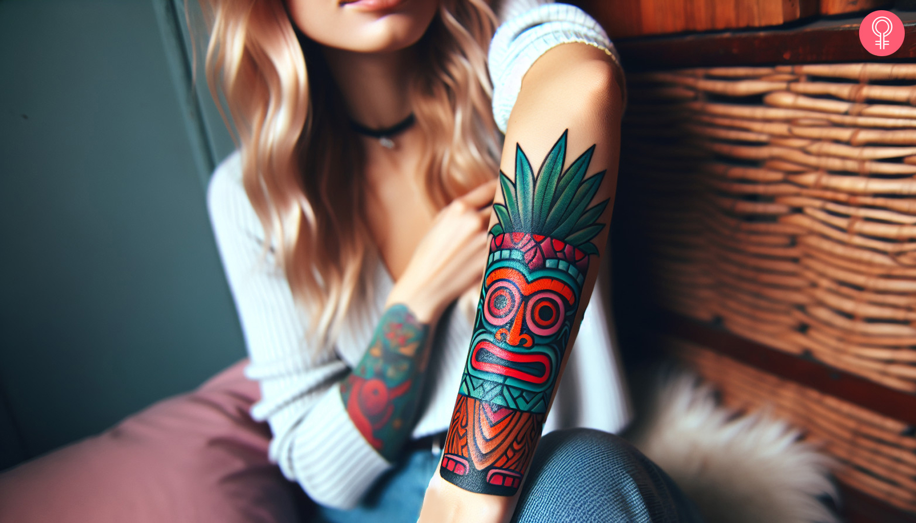 American traditional Tiki tattoo on the forearm