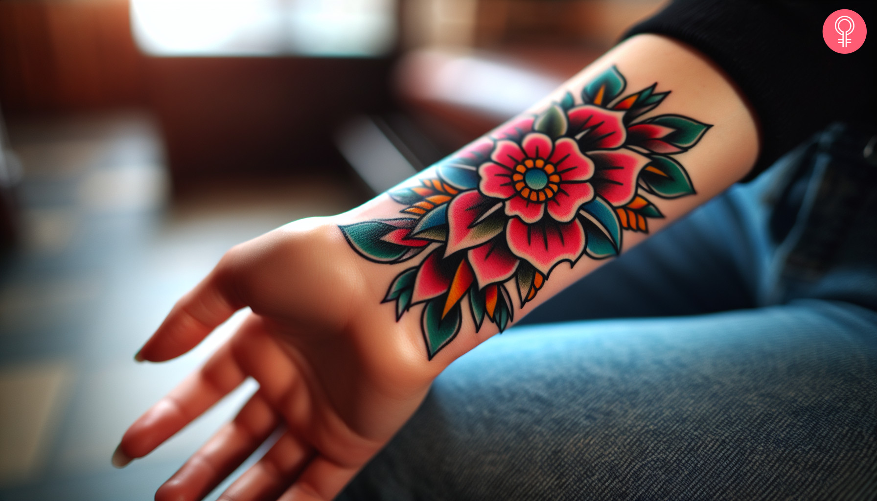 American traditional flower tattoo on the wrist of a woman