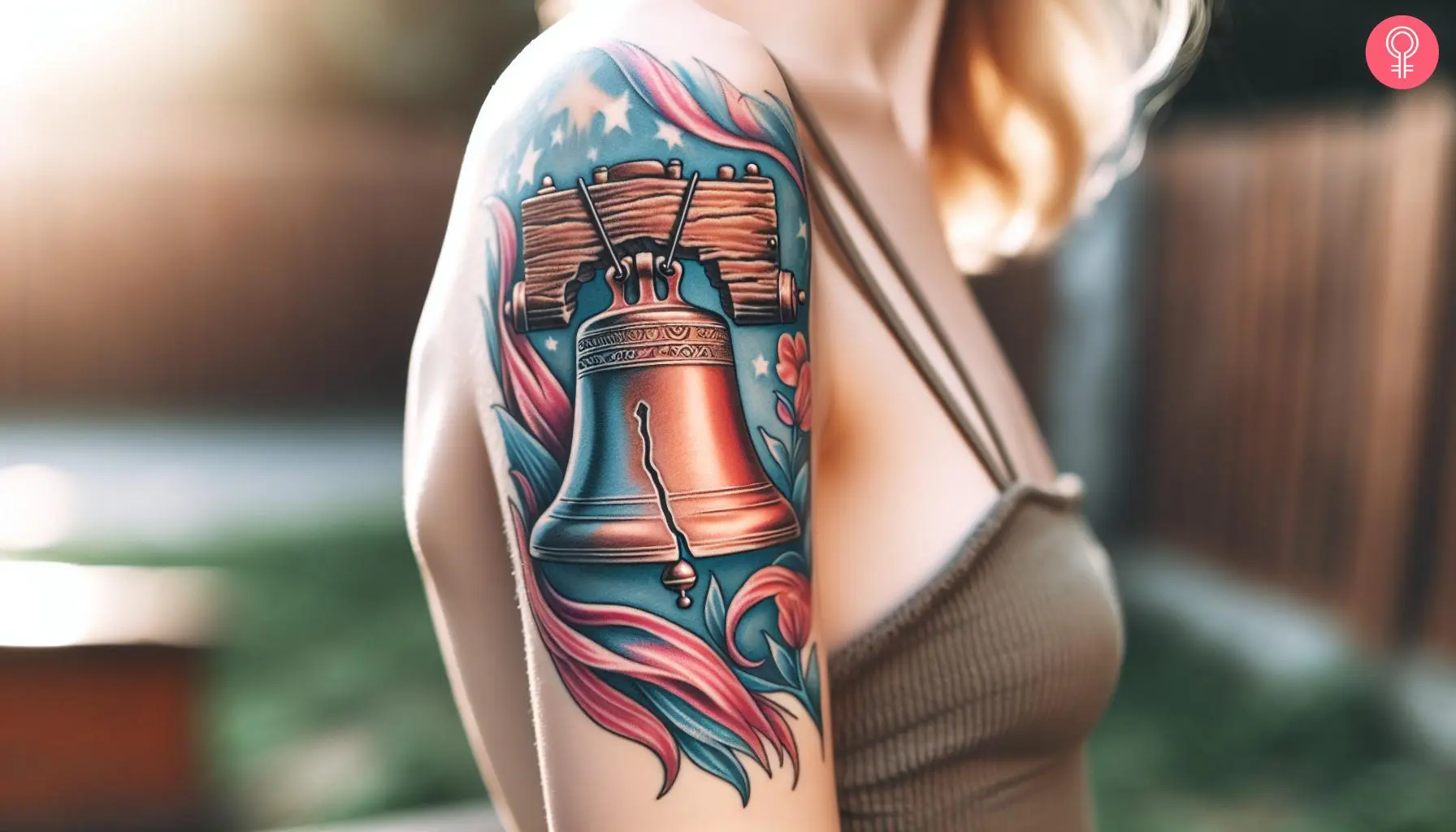 American traditional liberty bell tattoo on the upper arm of a woman