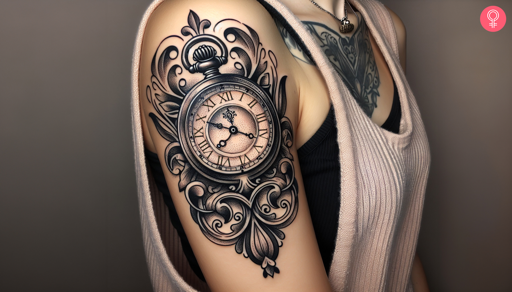 American traditional pocket watch tattoo on a woman’s arm