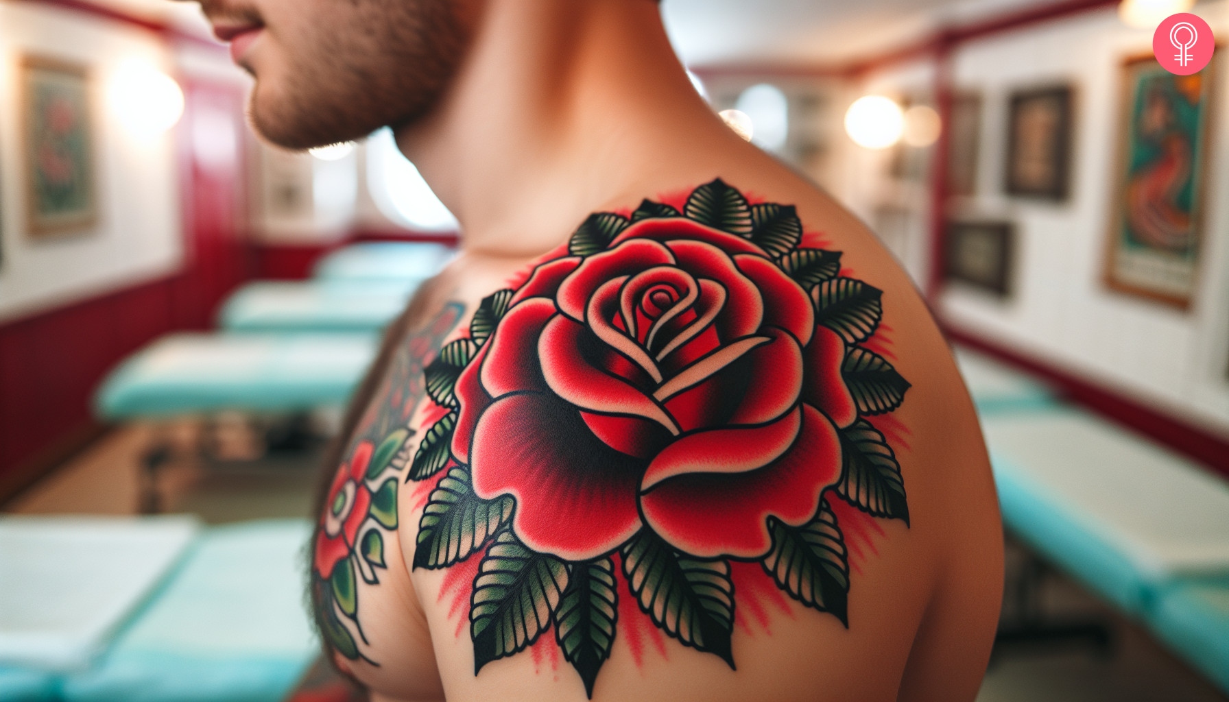 American traditional rose tattoo on the shoulder of a man