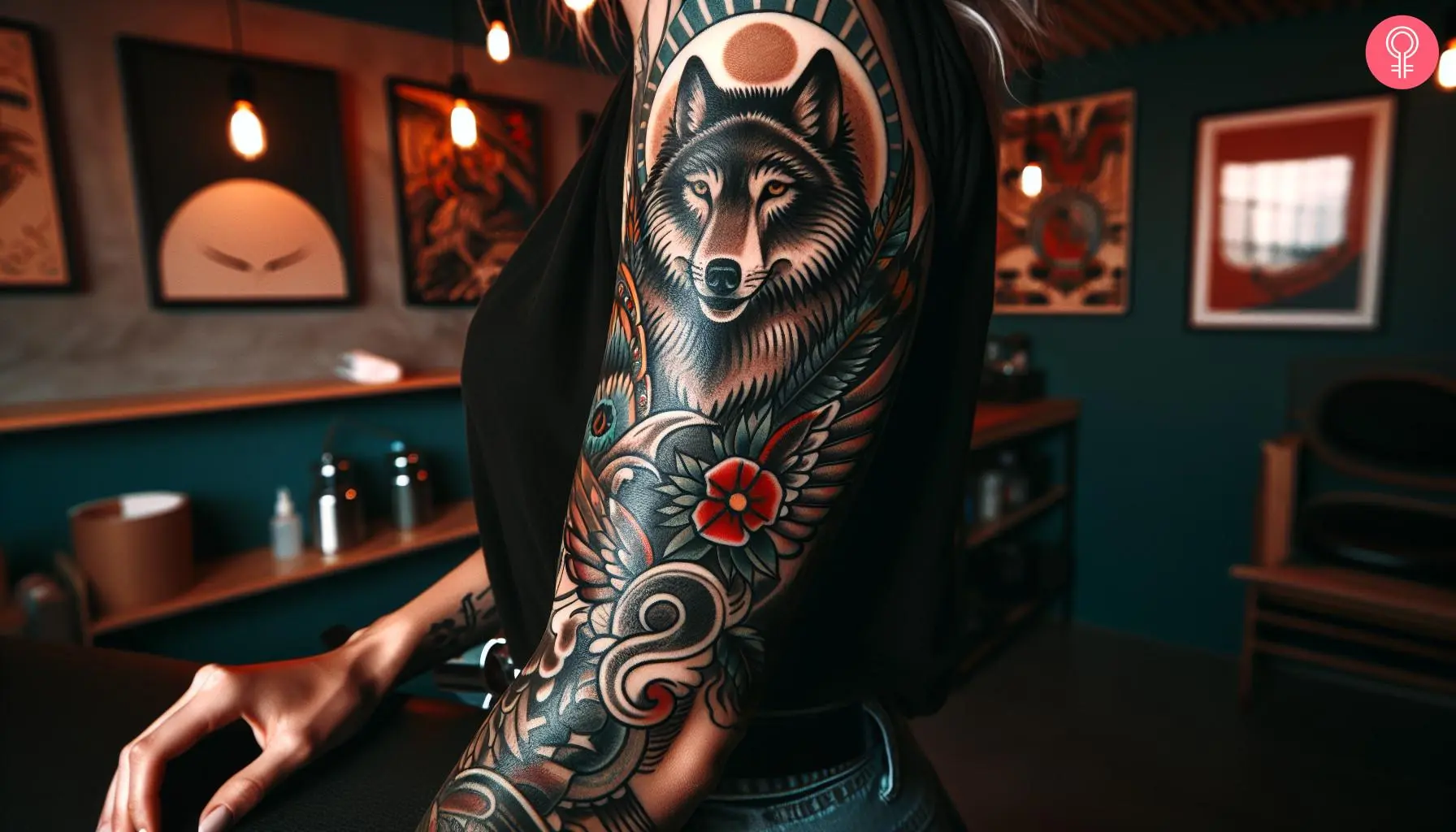 American traditional wolf tattoo on the arm of a woman