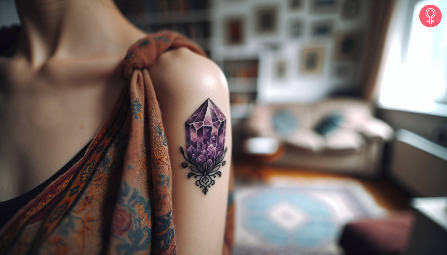 A woman with an amethyst crystal tattoo on her upper arm