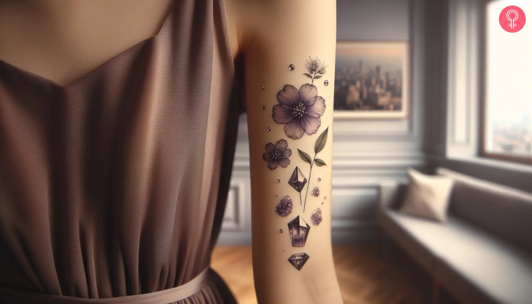 A woman with an amethyst and flower tattoo on her upper arm