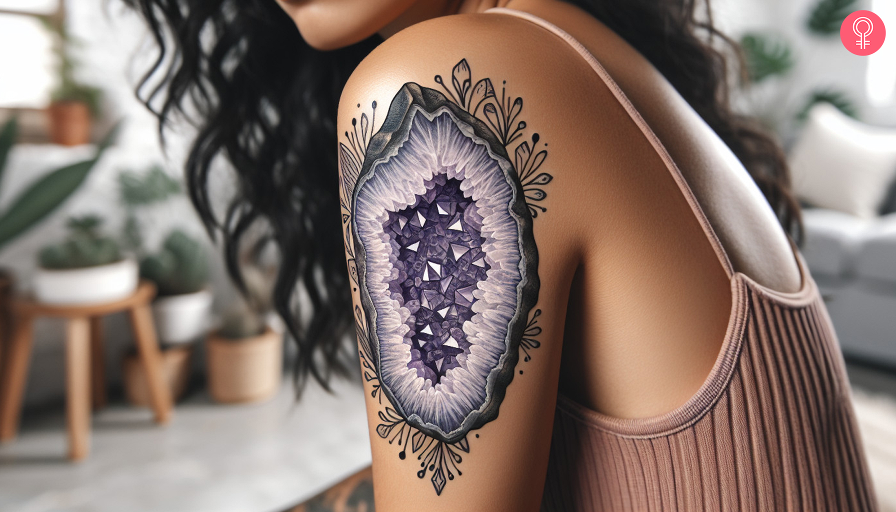 A woman with an amethyst geode tattoo on her upper arm