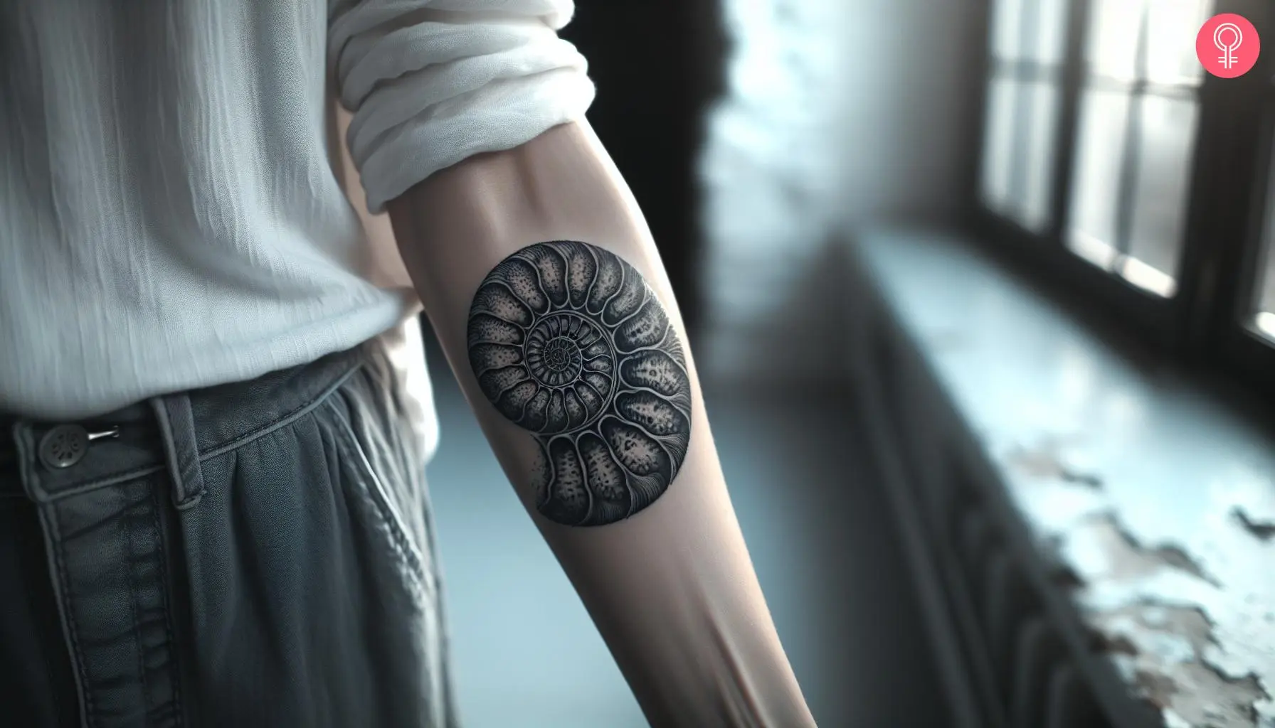 Ammonite fossil tattoo on the forearm of a woman