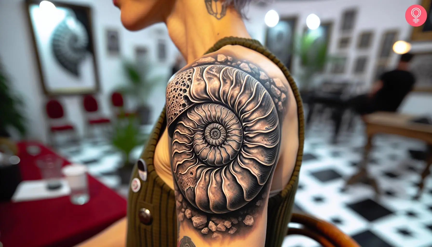 Ammonite tattoo design on arm of a woman