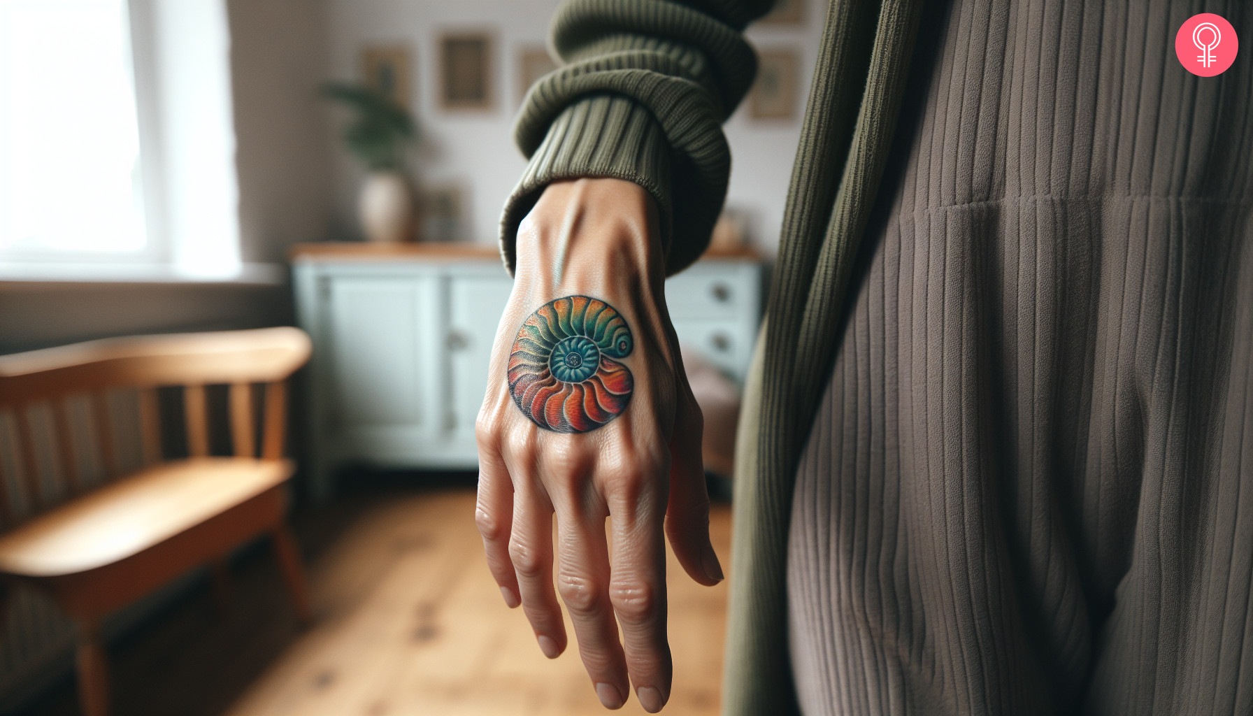 Ammonite tattoo design on the hand of a woman