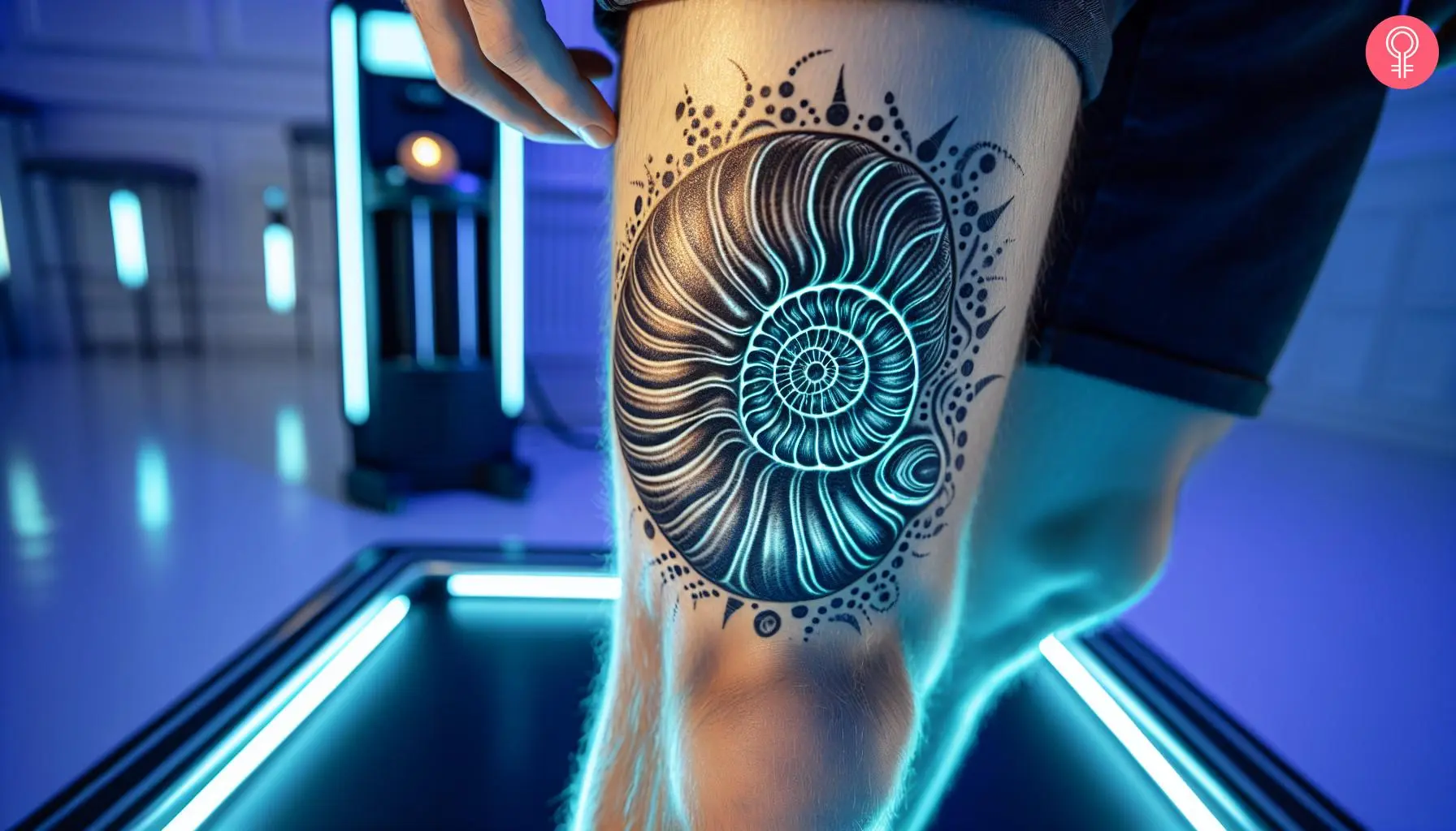 Ammonite tattoo design on the leg of a man