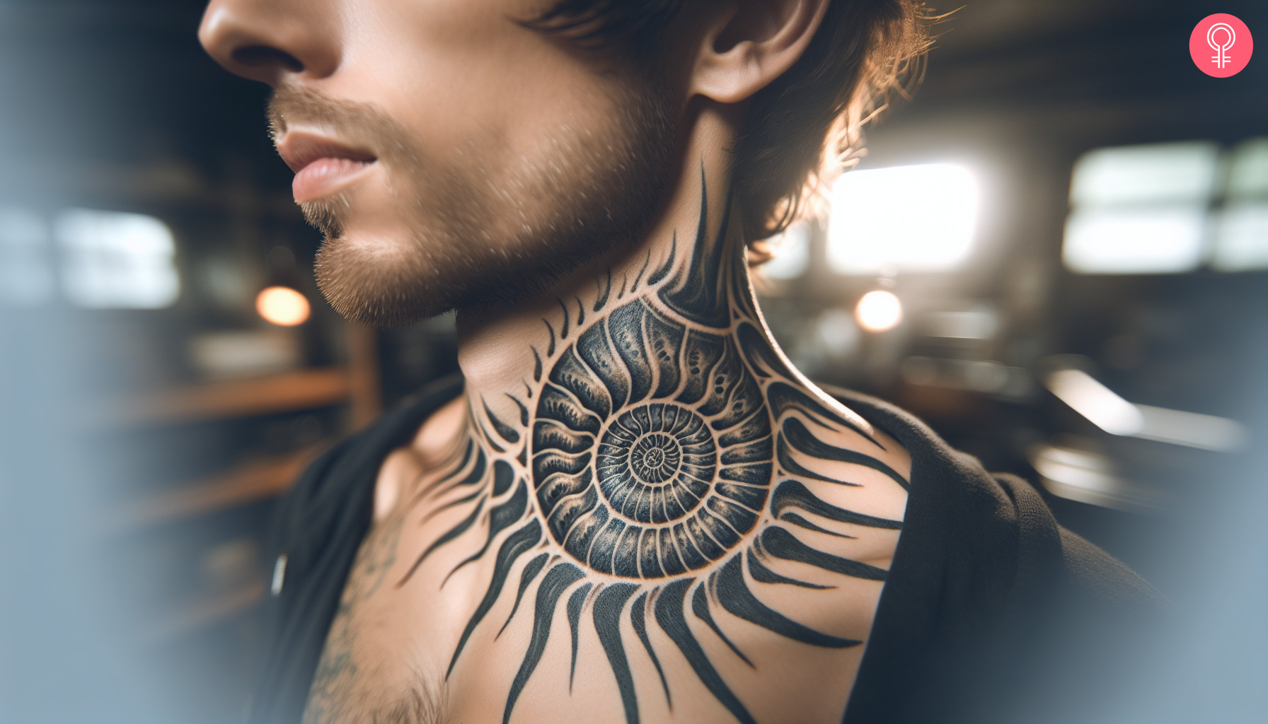 Ammonite tattoo design on the neck of a man