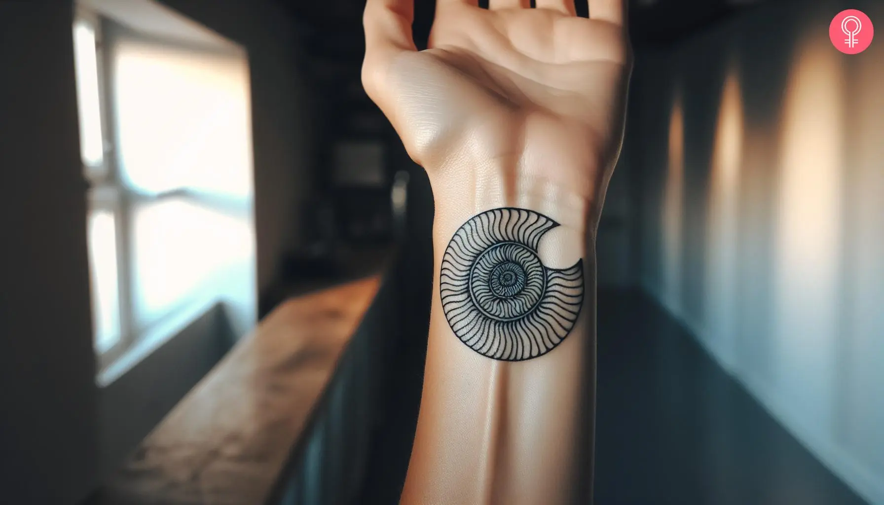 Ammonite tattoo design on the wrist of a woman