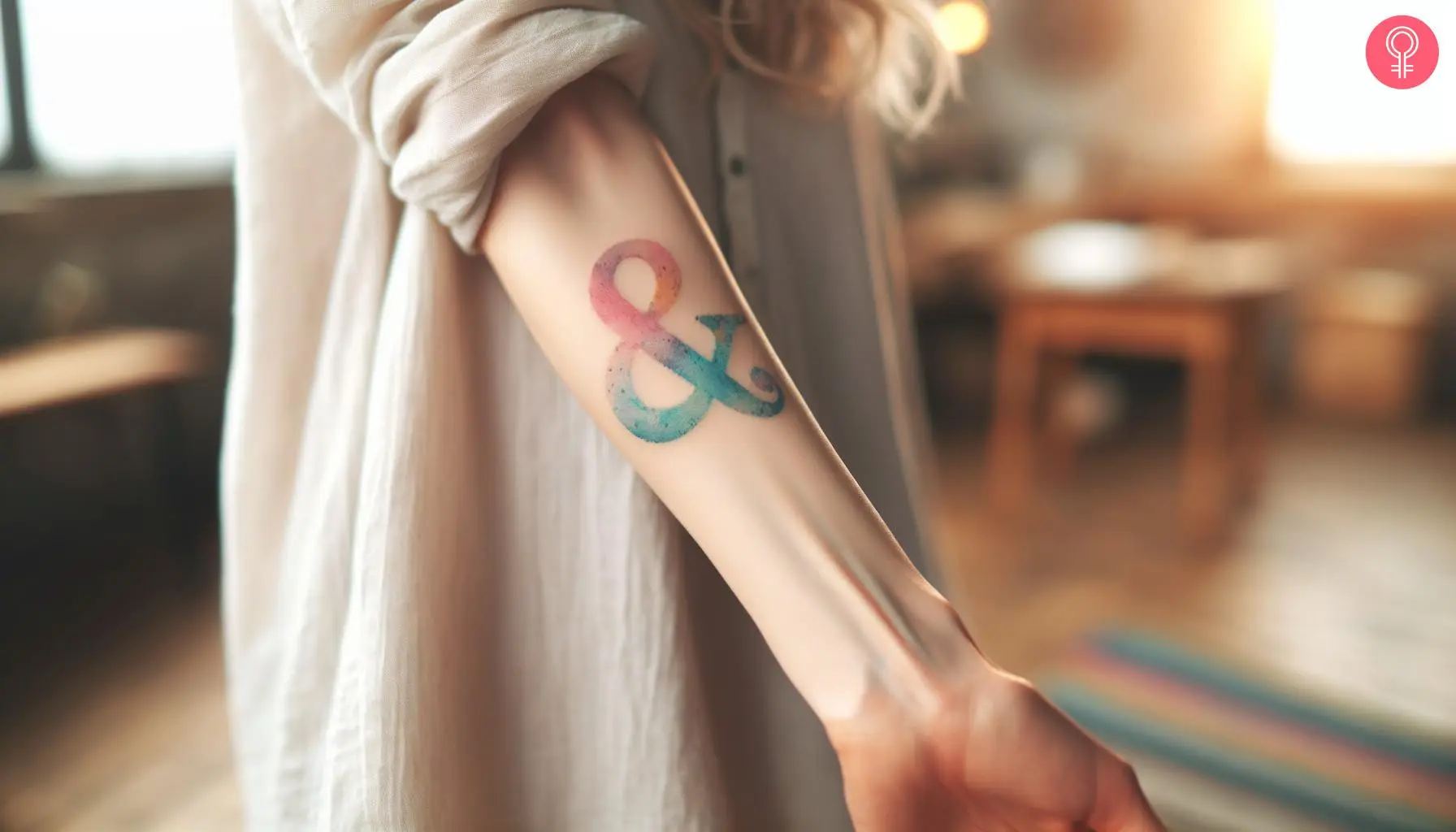 Ampersand tattoo on the forearm of a woman