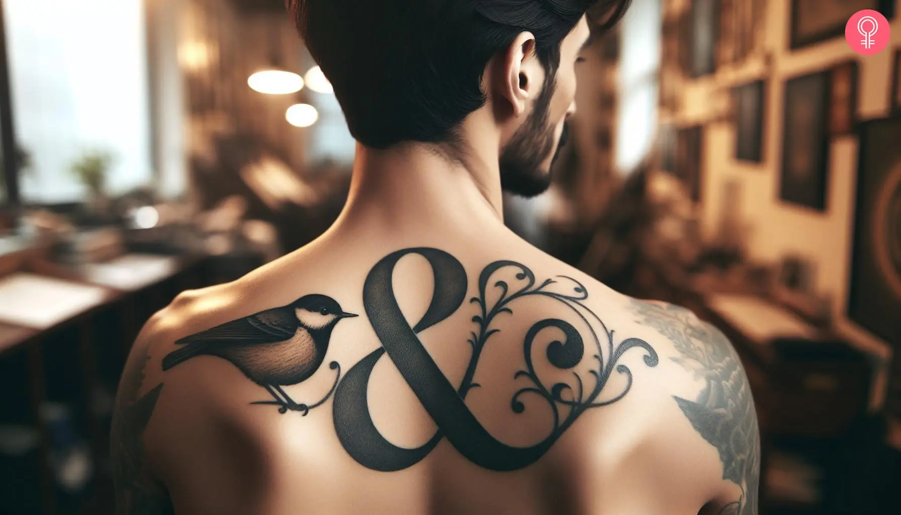 Ampersand tattoo on the upper back of a man