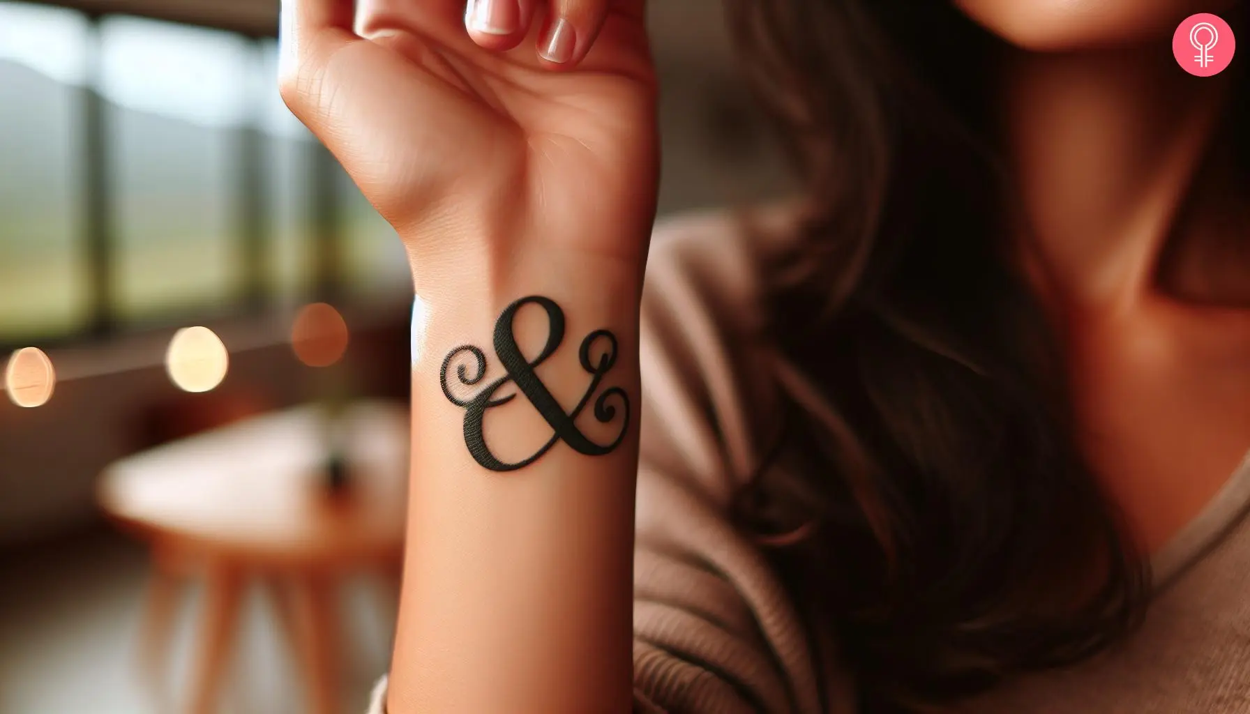 Ampersand tattoo on the wrist of a woman