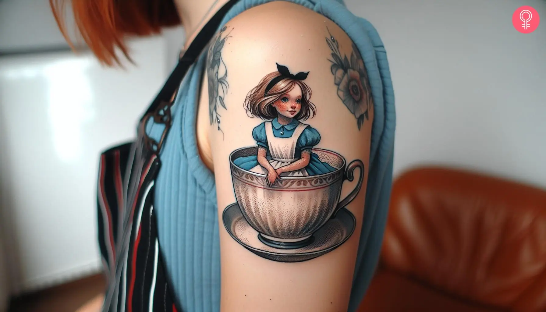 An Alice in Wonderland teacup tattoo on a woman’s upper arm