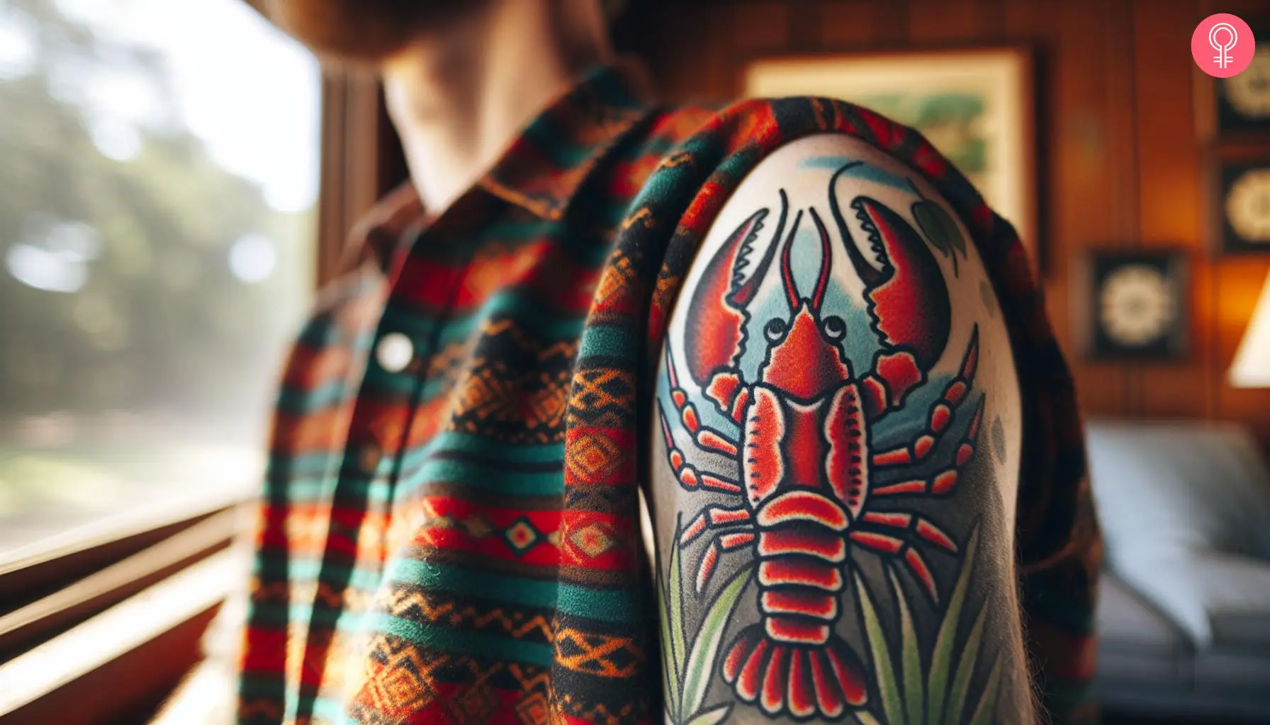 An American Traditional crawfish tattoo on a man’s upper arm