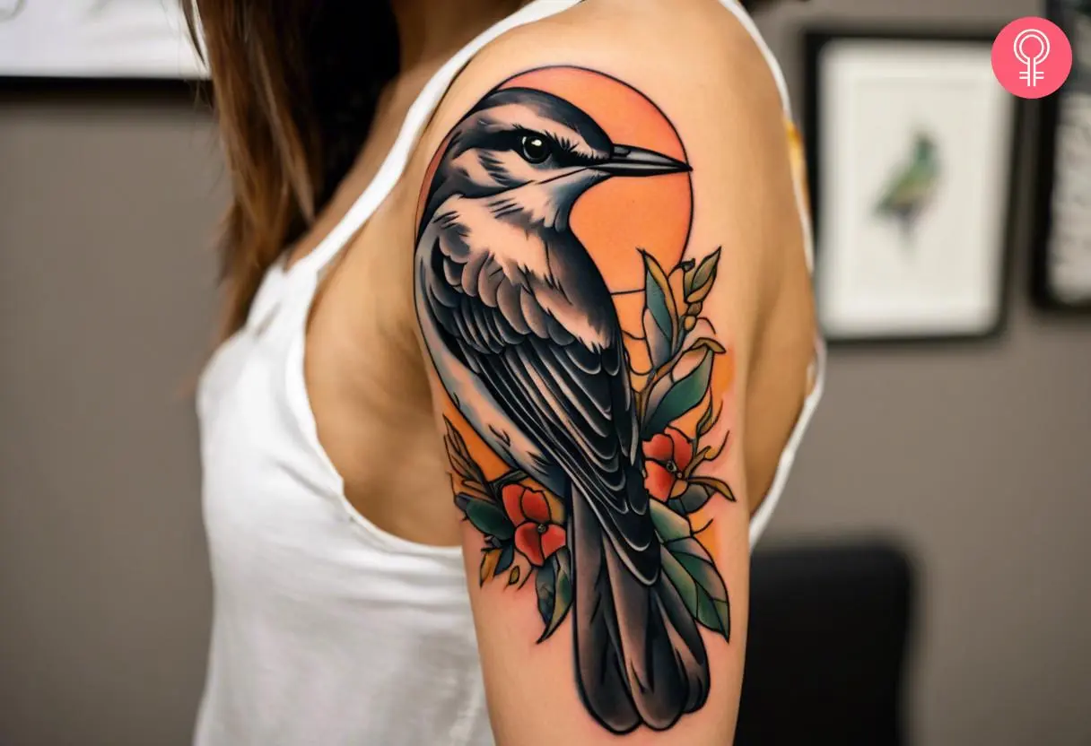 An American traditional mockingbird tattoo on a woman’s upper arm