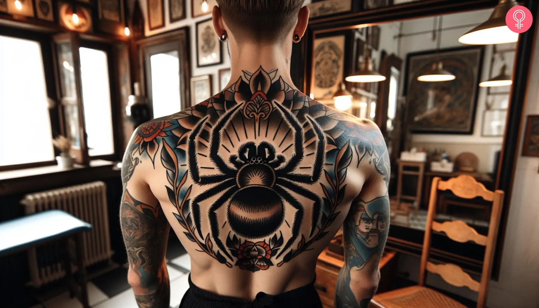 An American traditional tattoo on the back of a man