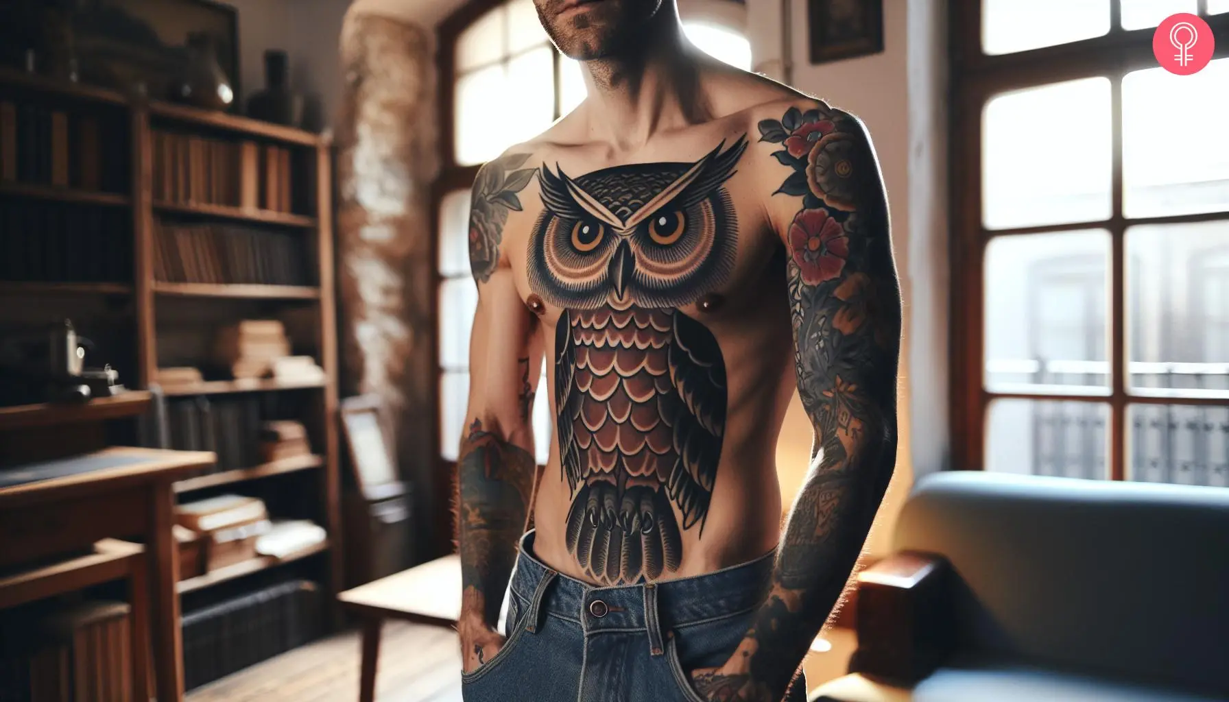 An American traditional tattoo on the chest of a man