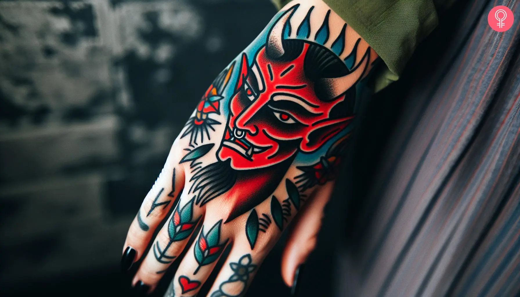 An American traditional tattoo on the hand of a woman