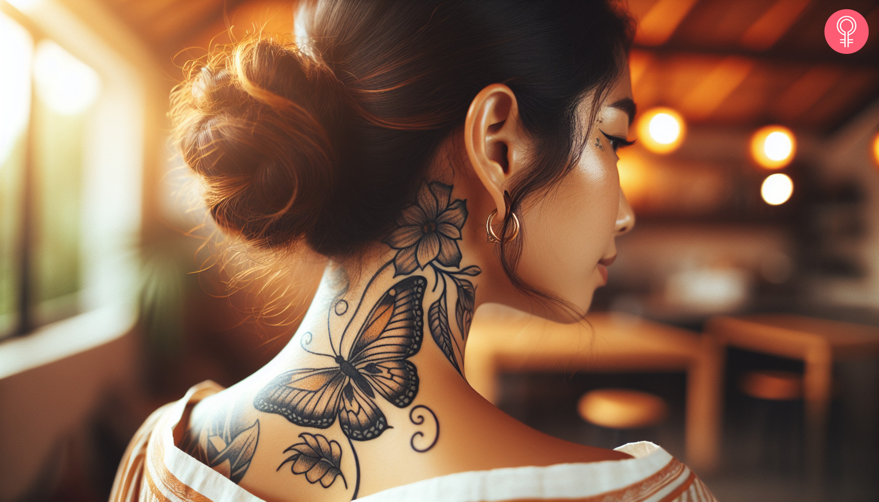 An American traditional tattoo on the neck of a woman