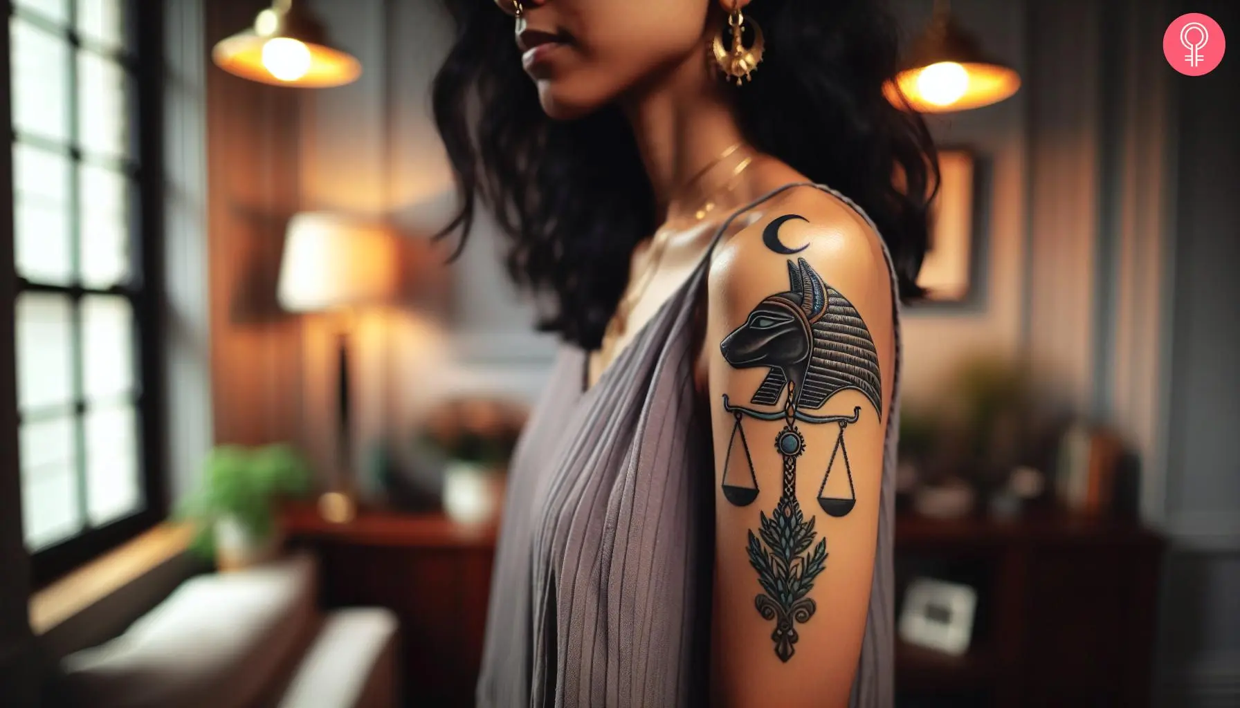 An Anubis scales of justice tattoo on the upper arm of a woman