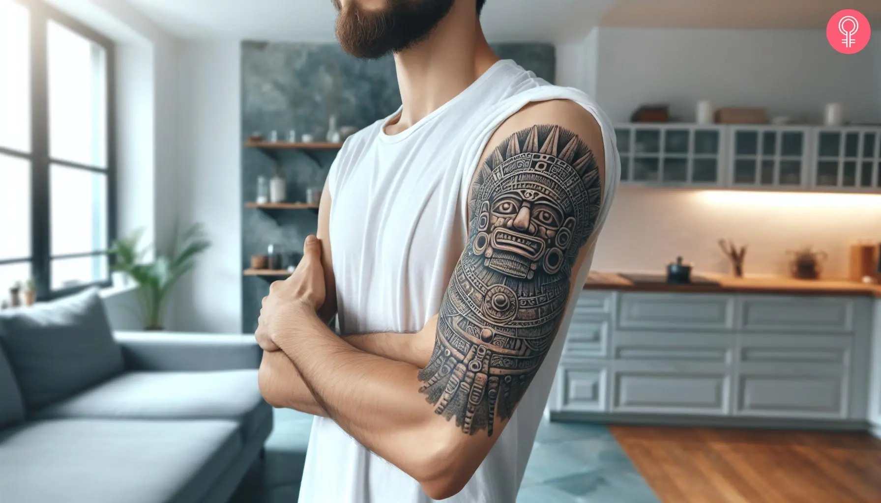 An Aztec God of the underworld tattoo on the upper arm