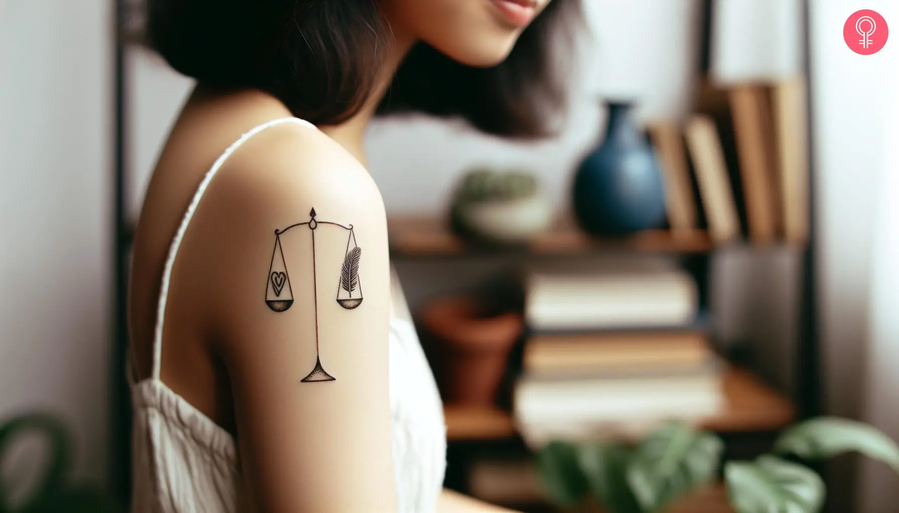 An Egyptian scales of justice tattoo on the upper arm of a woman