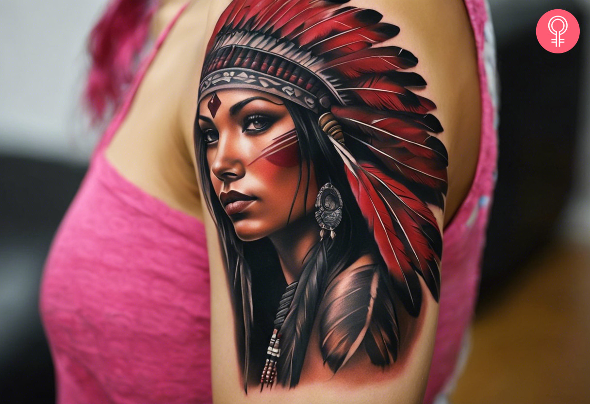 An Indian girl tattoo on the upper arm of a woman