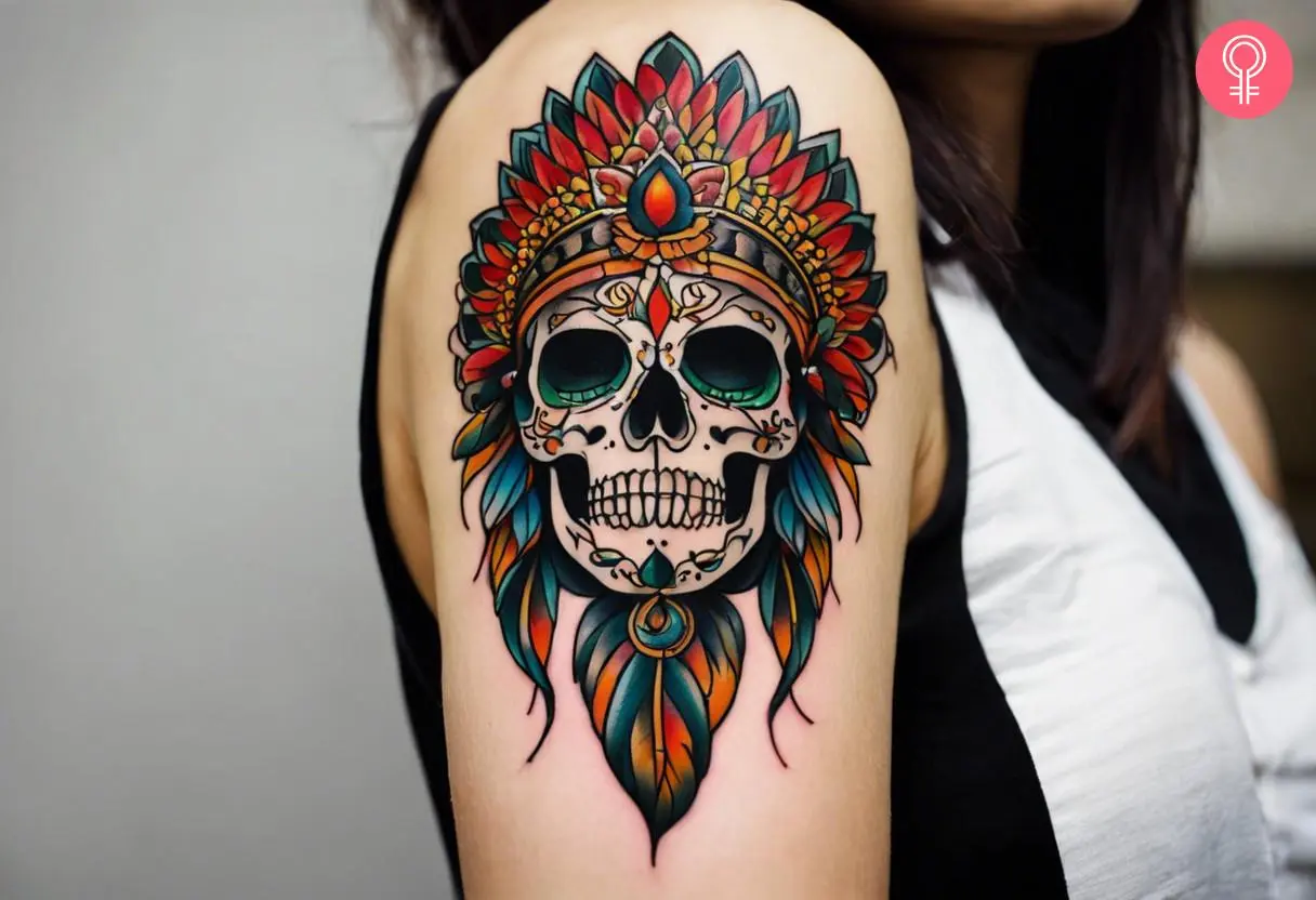 An Indian skull tattoo on the upper arm of a woman