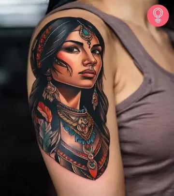 A woman with a vibrant contemporary bird tattoo on her upper arm