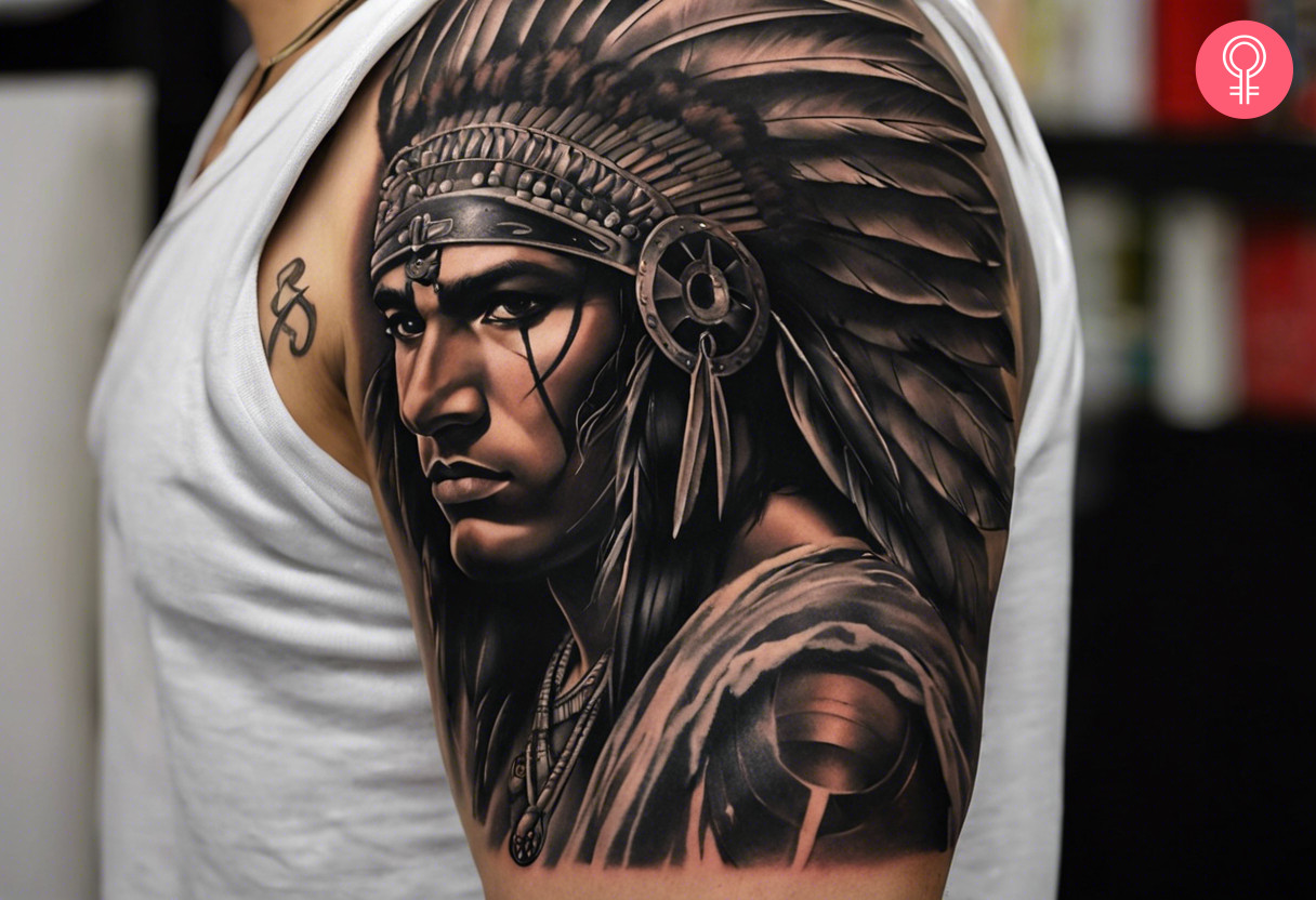 An Indian warrior tattoo on the upper arm of a man