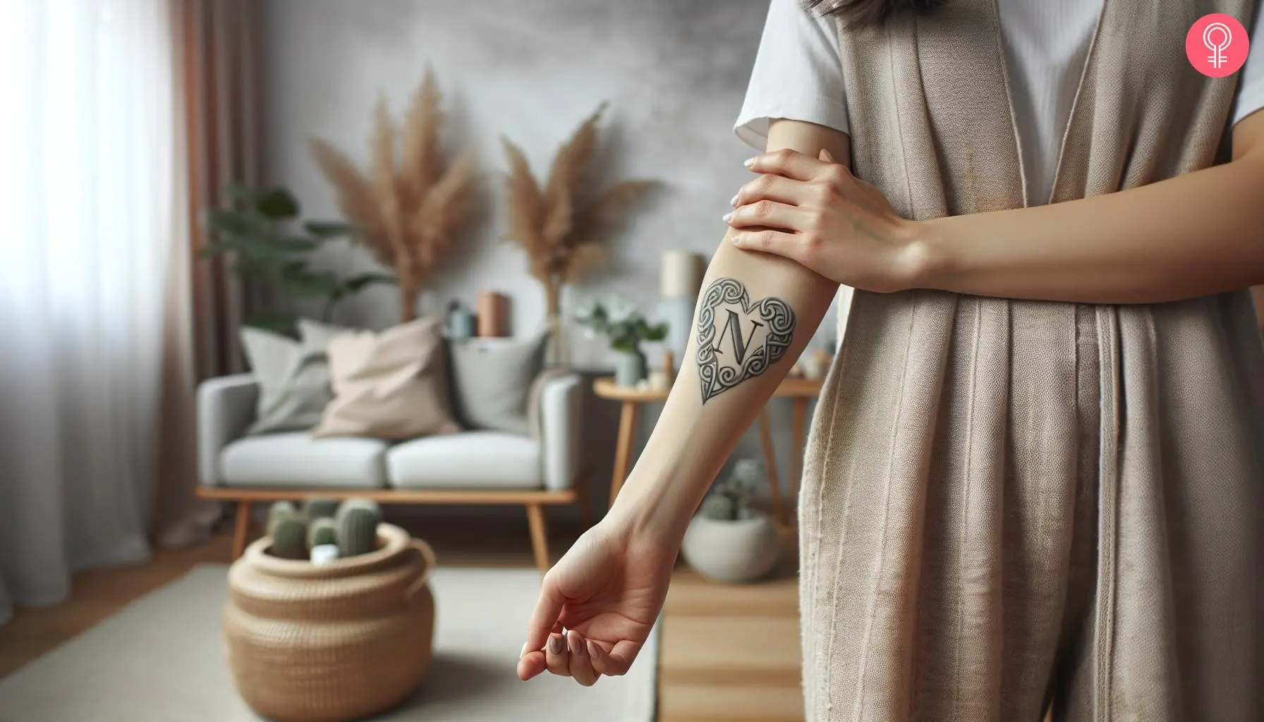 An N letter love tattoo on the forearm of a woman