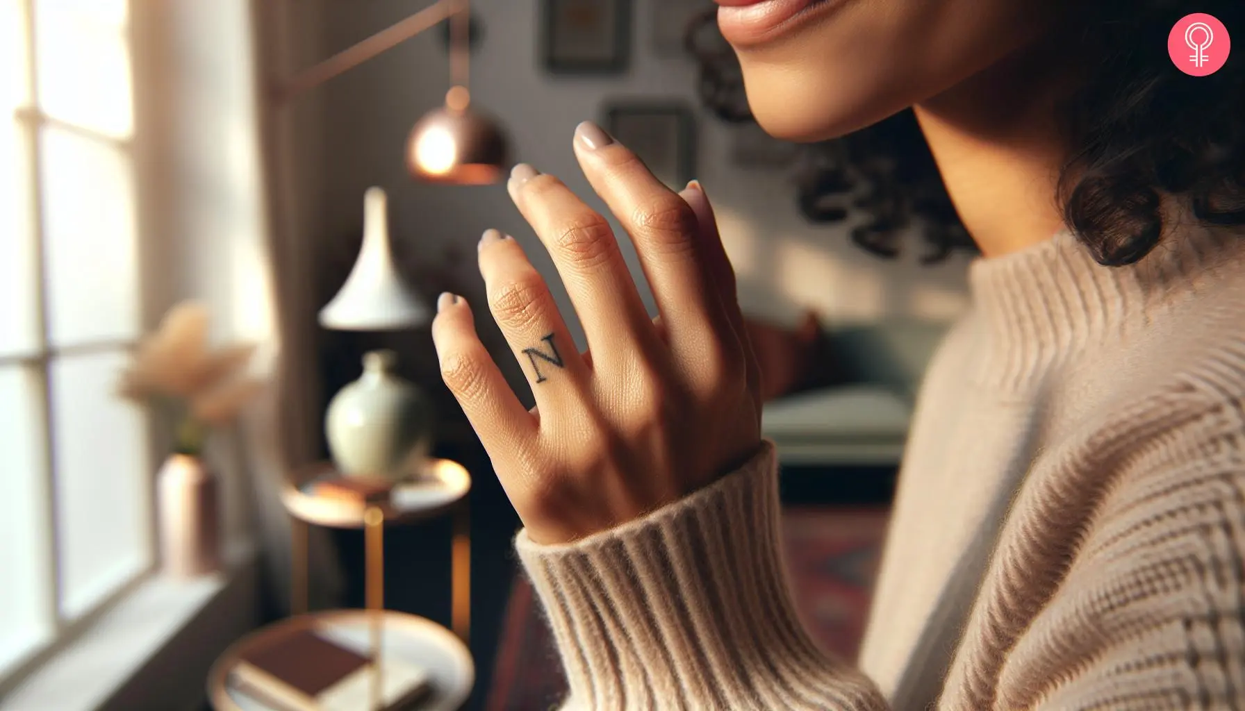 An N letter tattoo on the ring finger of a woman