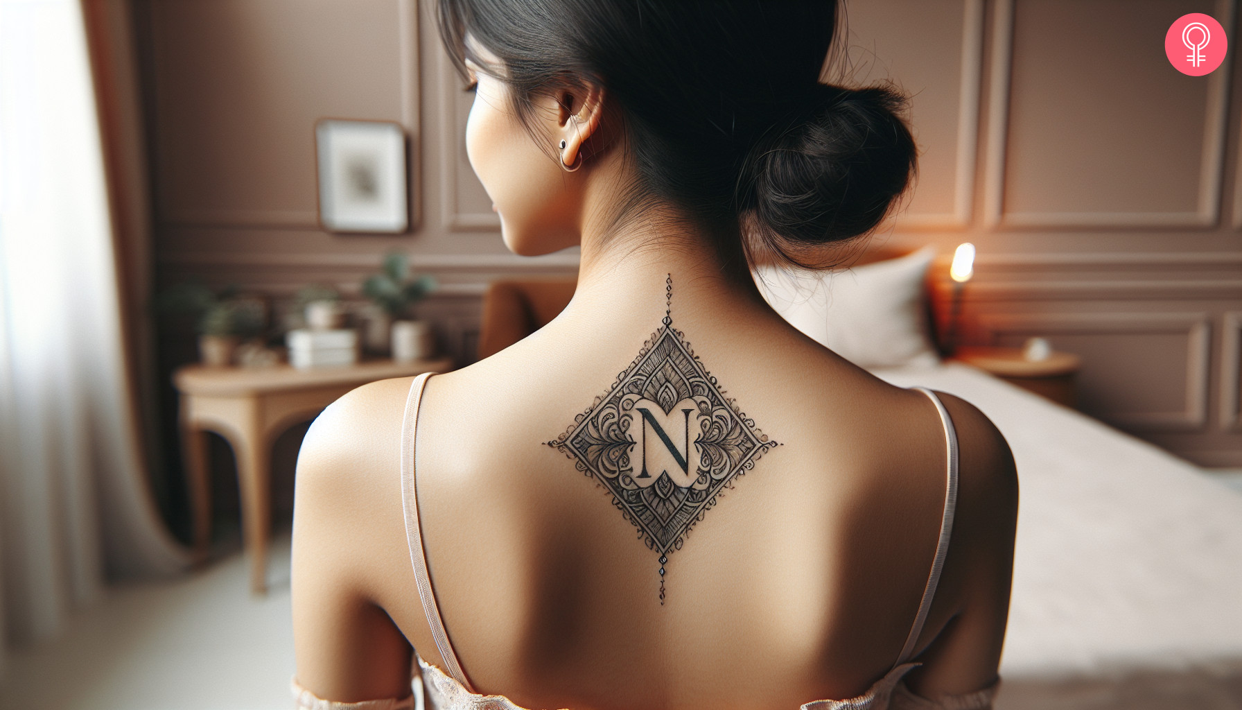 An N letter tattoo on the upper back of a woman