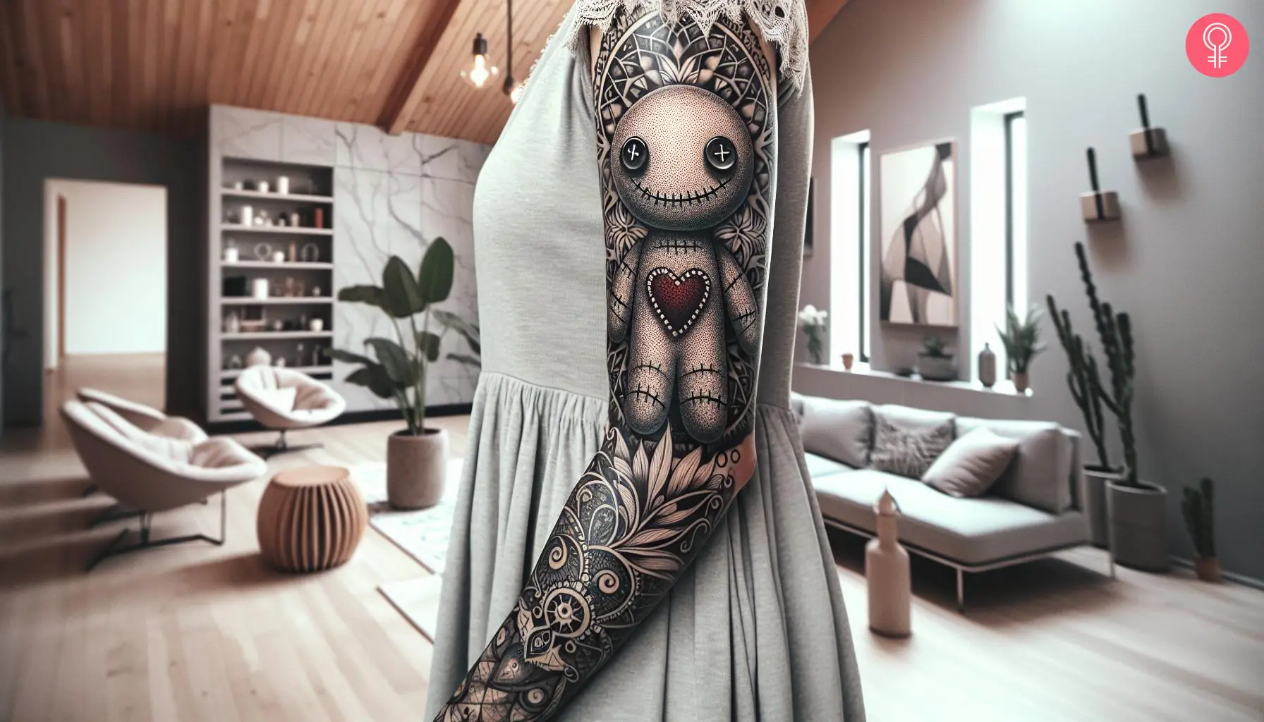 An airbrush tattoo sleeve with a voodoo doll theme