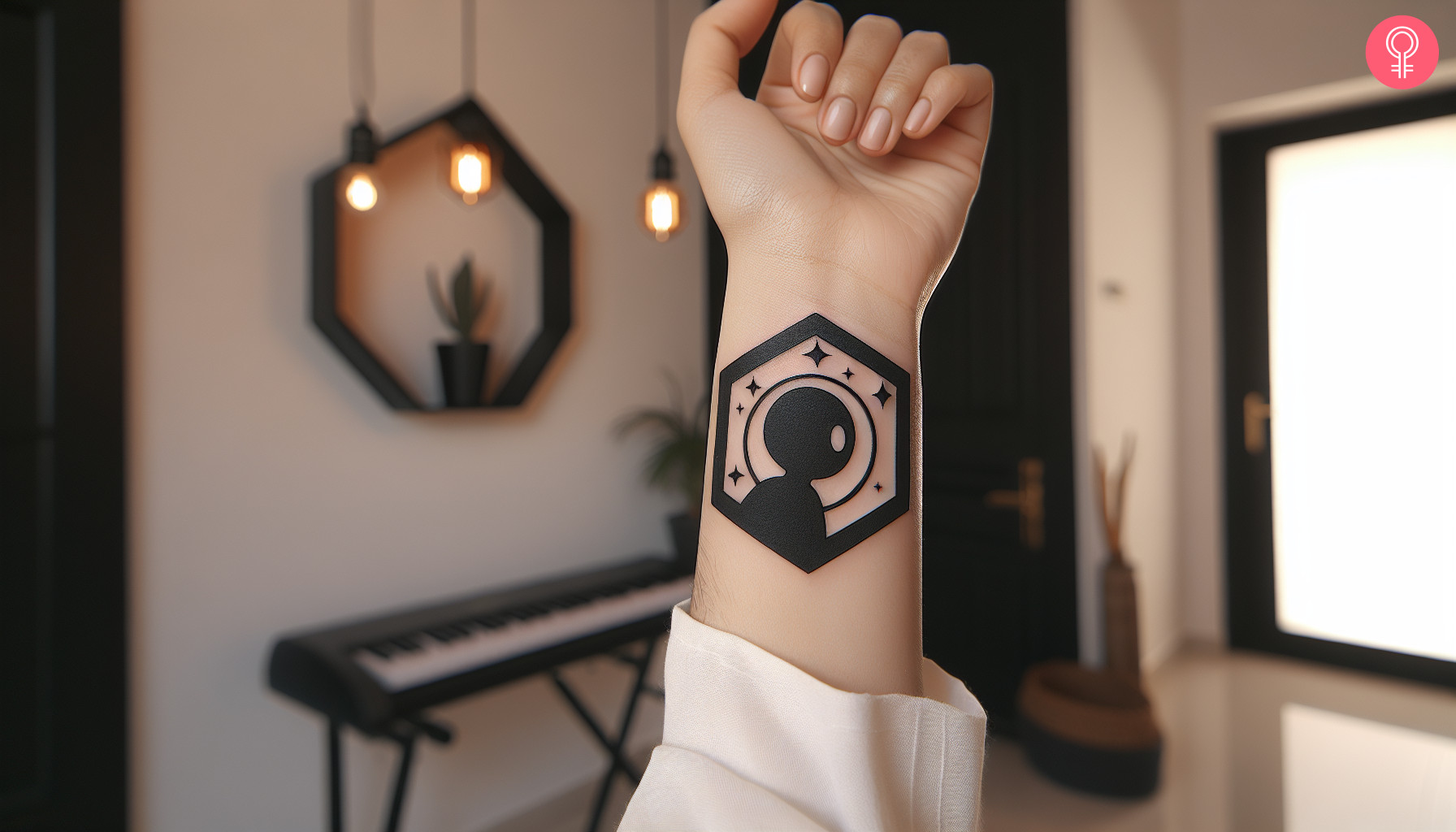 An airbrush wrist tattoo with a space theme