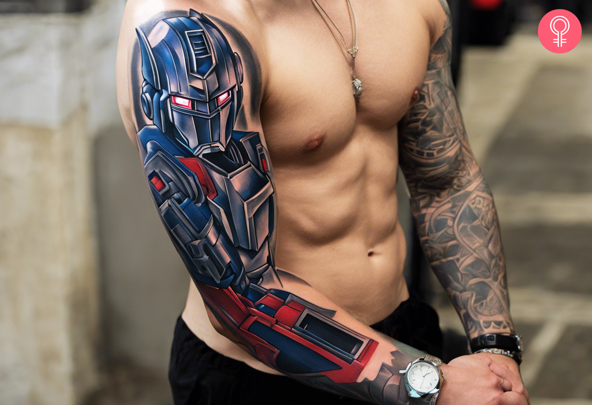 An amazing tattoo of optimus prime that covers the arm