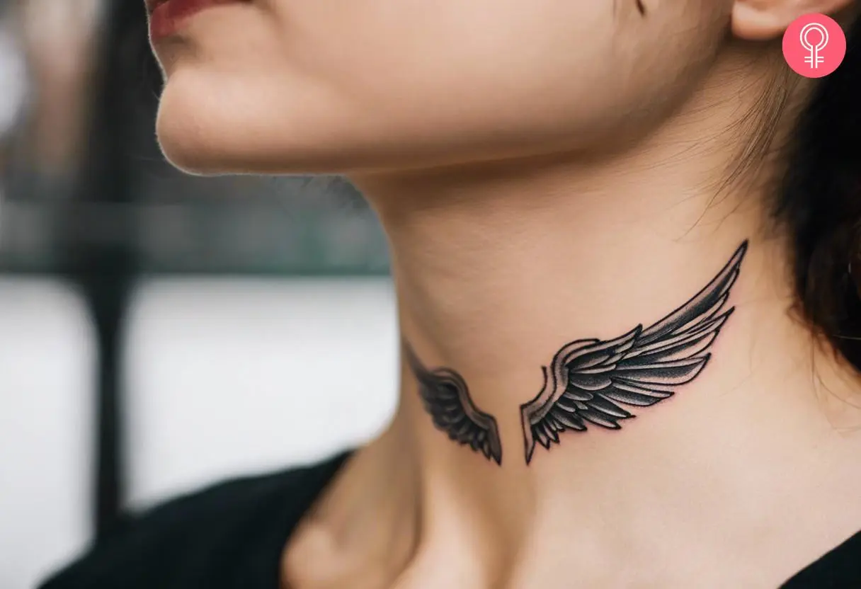 An angel wings tattoo on a woman’s front neck