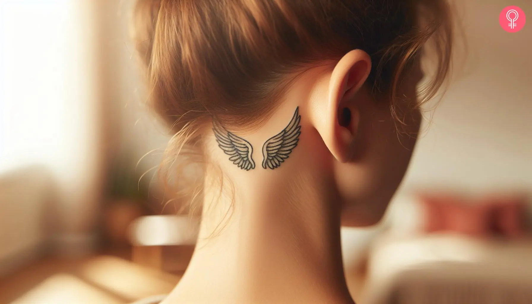 An angel wings tattoo on a woman’s neck