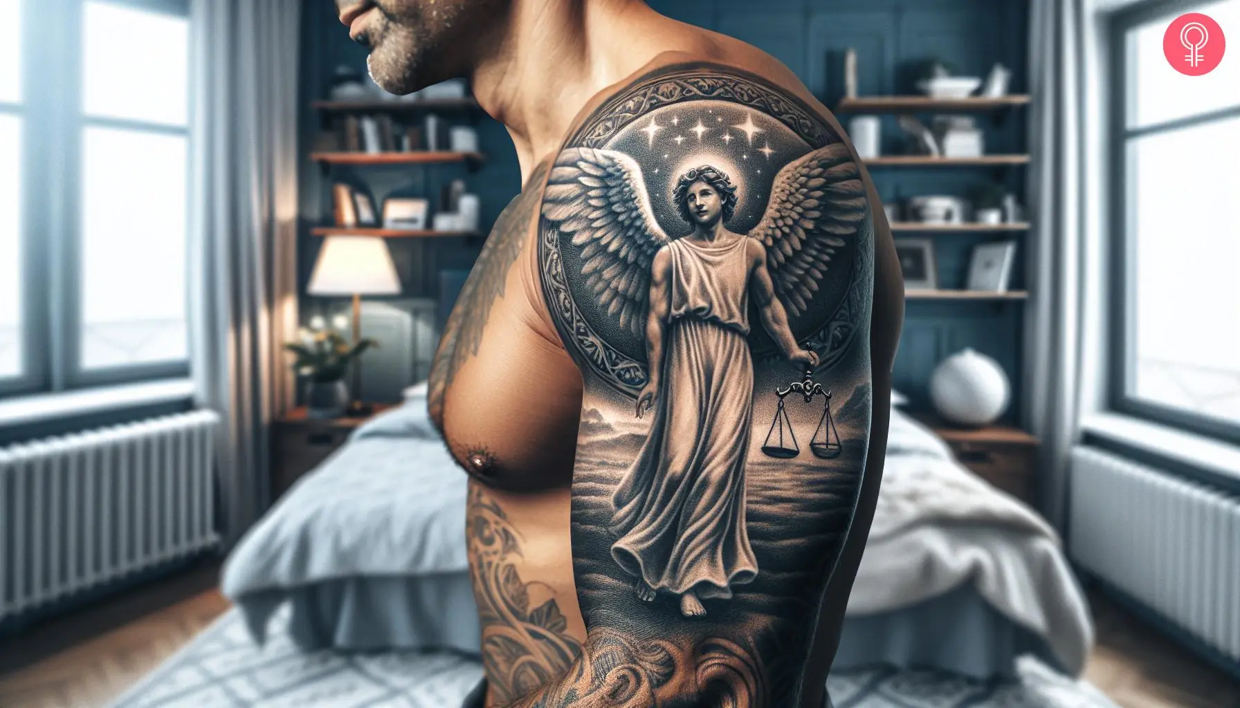 An angel with scales of justice tattooed on the upper arm of a man