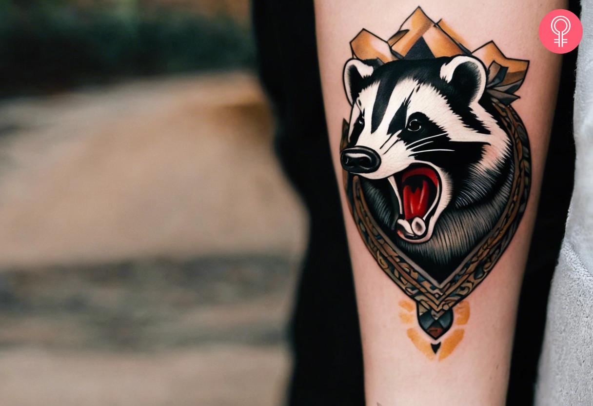 An angry badger head tattoo on the forearm