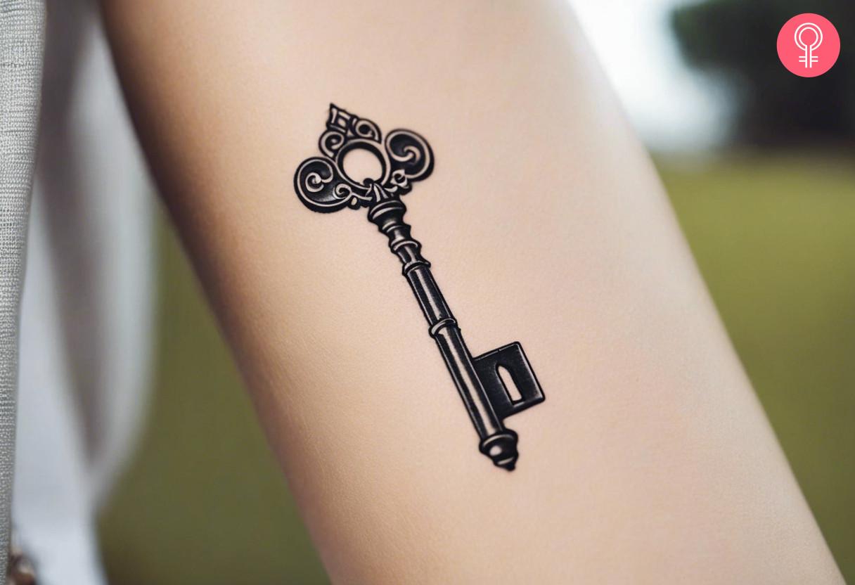 An antique key tattooed on the forearm