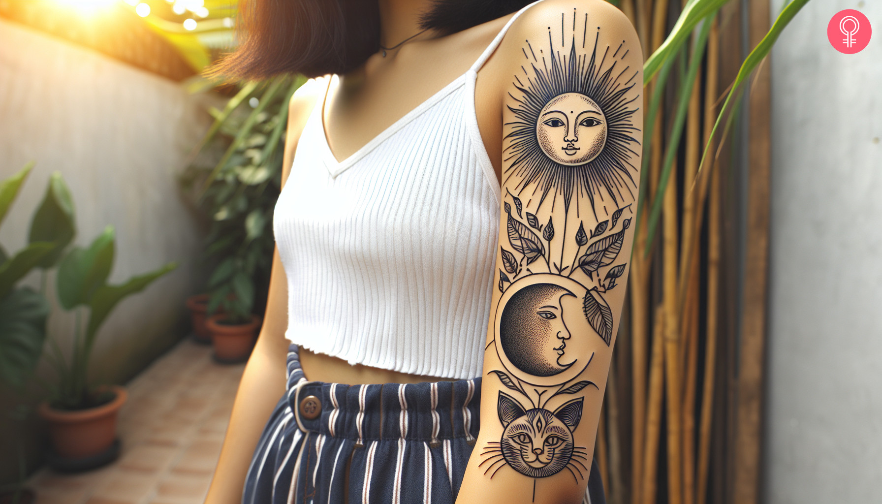 An arm tattoo depicting the stylized sun, moon, and cat