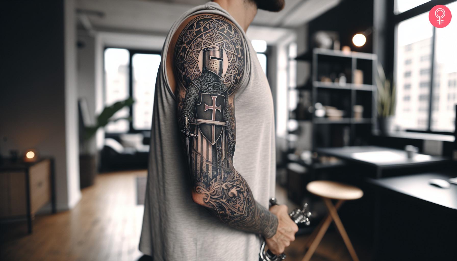 An elaborate Templar sleeve tattoo with patterns