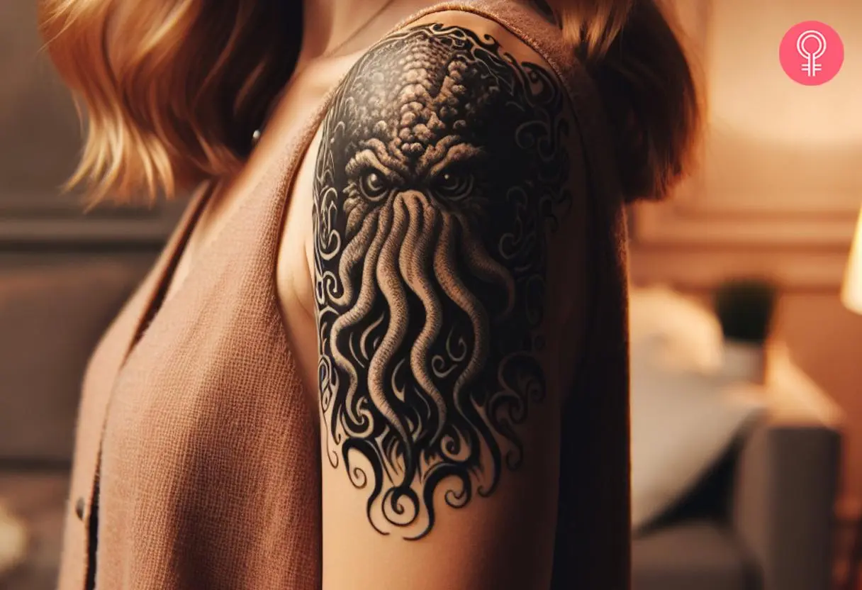 An elder god Cthulhu tattoo on a woman’s shoulder and upper arm