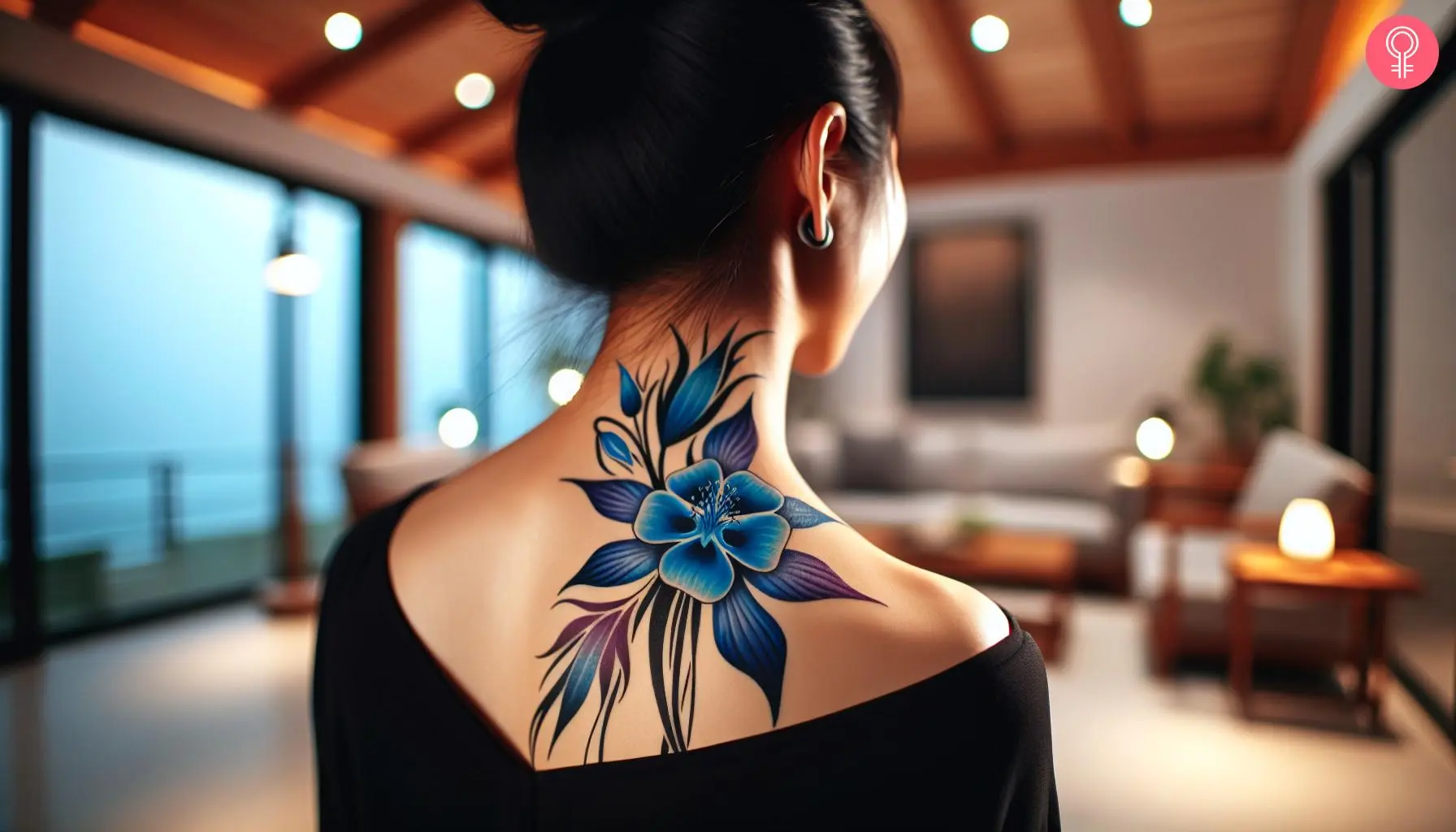 An elegant blue columbine flower tattoo on the back of the neck