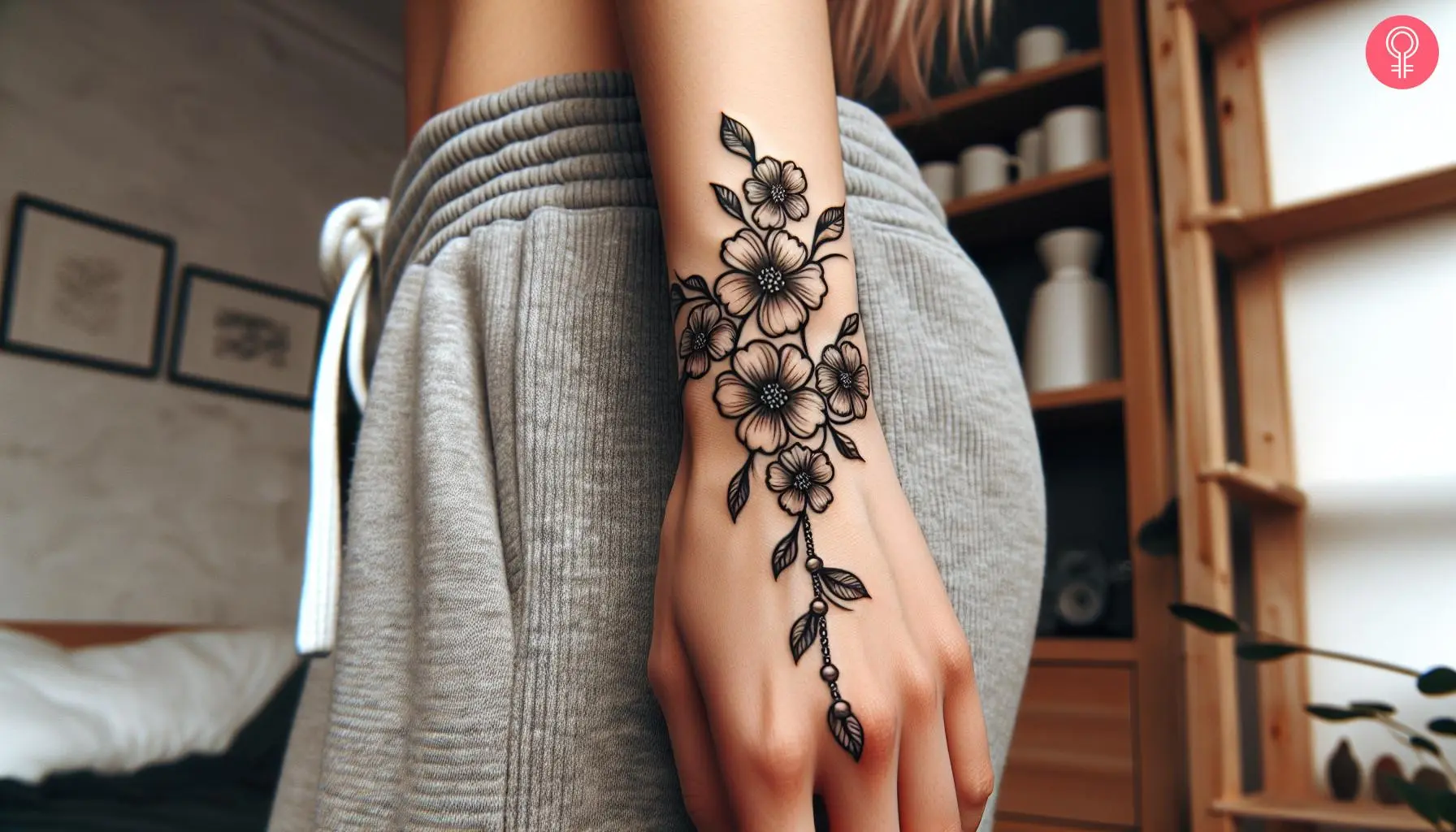 An elegant flower cuff tattoo on the wrist area