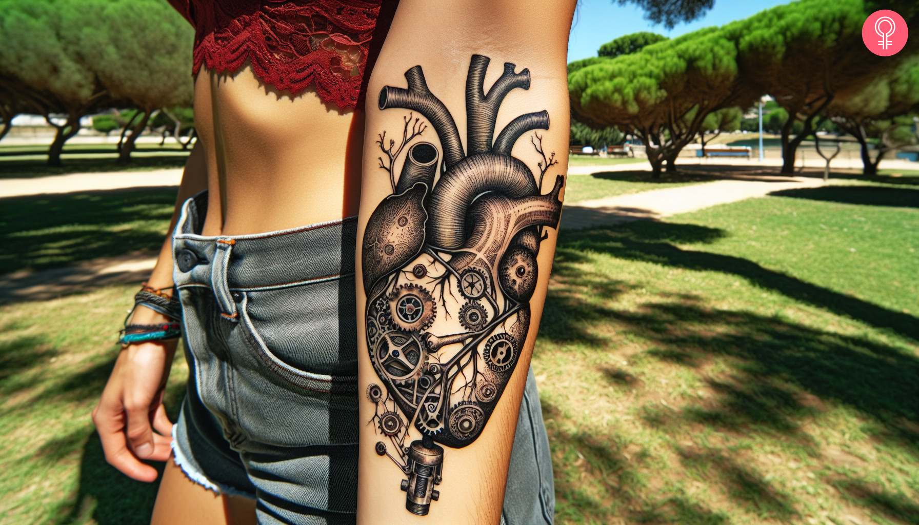 An engine heart tattoo on a woman’s forearm