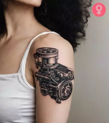 An engine tattoo on a woman’s upper arm